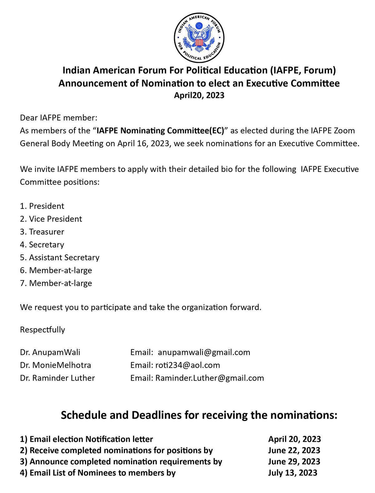 Announcement of Nomination to Elect an Executive Committee